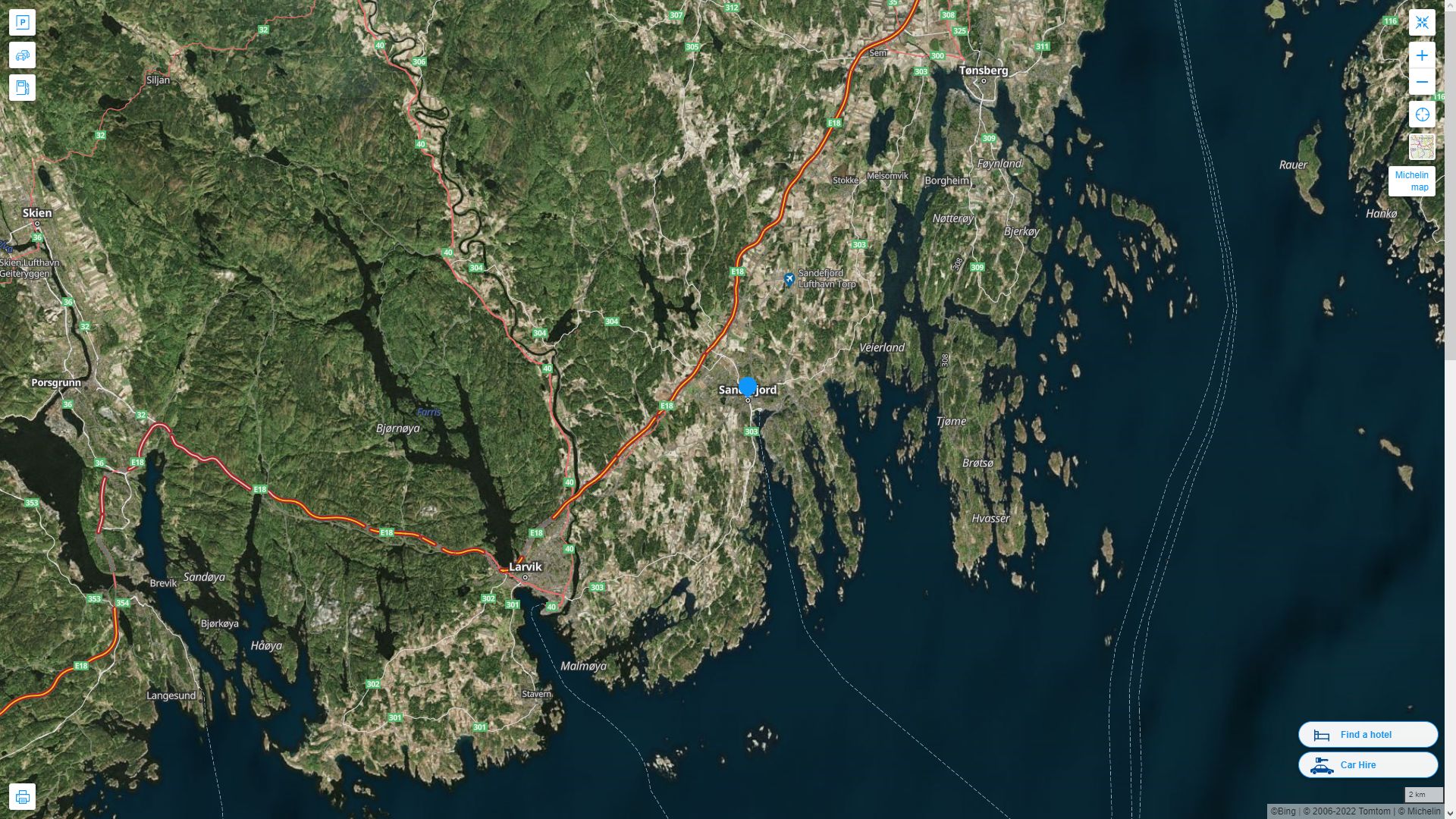Sandefjord Norvege Autoroute et carte routiere avec vue satellite